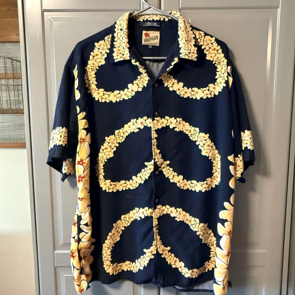 Tommy Hilfiger Vintage Mens Hawaiian Lei Hula‎ Girl Aloha Shirt, Navy Yellow, XL - Picture 3 of 13